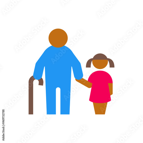Illustration of an elder person with a cane holding hands with a child in a pink dress together side by side