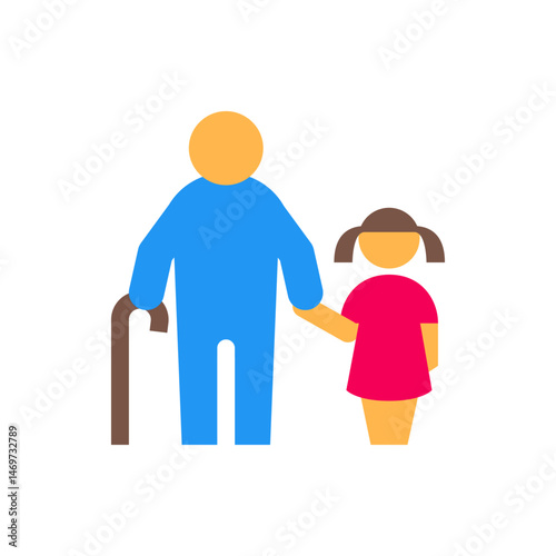 Illustration depicting an elderly man with a cane holding the hand of a young girl in a red dress and pigtails