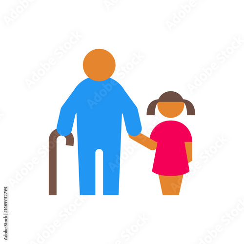 Illustration of an elderly person with a cane holding hands with a young girl in a dress together smiling