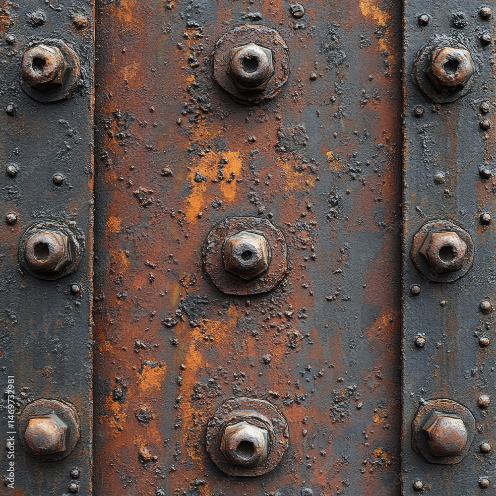 Fototapeta premium Close-up view of rusted metal featuring bolts and rivets, displaying industrial age and decay.