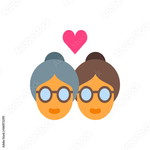 Two elderly women with glasses and bun hairstyles under a pink heart emoji on a white background face forward