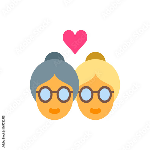 Illustration of two elderly women with glasses under a pink heart representing love and companionship together