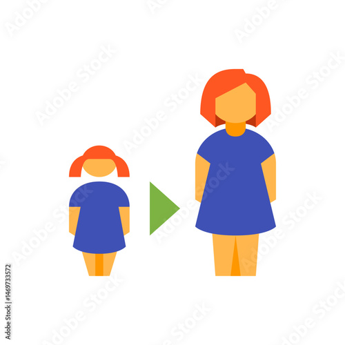 Illustration showing a girl growing up with an arrow pointing from a smaller to a larger figure