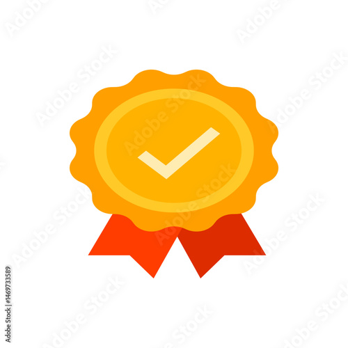 Illustration of a gold award medal with a white check mark and red ribbons indicating achievement and quality