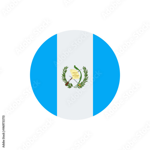 Circular representation of the guatemalan flag with its coat of arms centered on the white stripe area