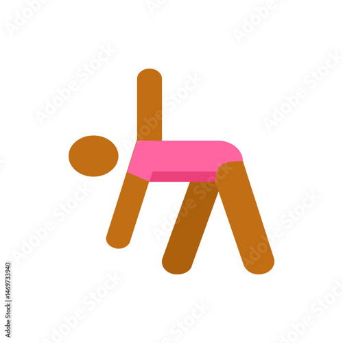Illustration of a person in a pink leotard doing a yoga pose with head down and legs spread wide apart