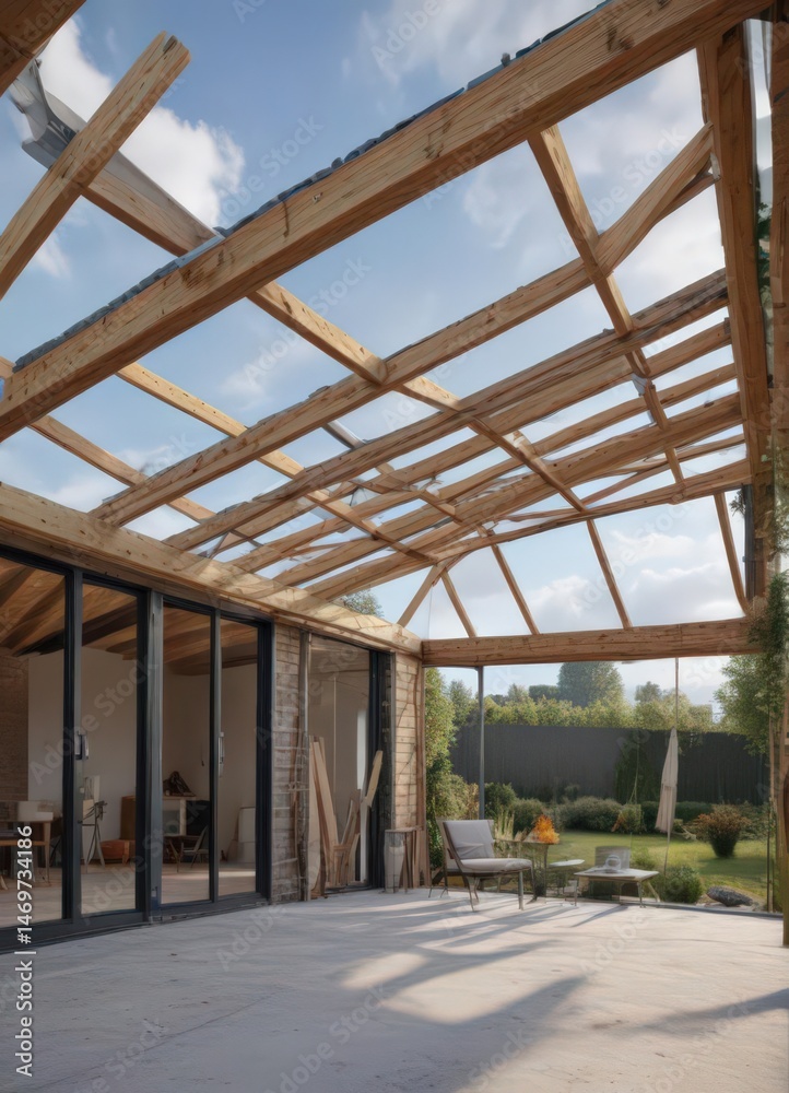 Obraz premium Modern home extension framing, new roof structure, wood, roofing, real estate