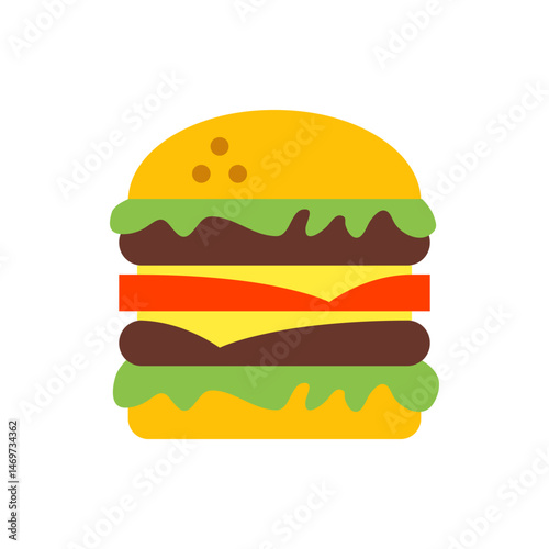 Illustration of a colorful burger with a bun, lettuce, cheese, tomato, and meat patties on a white background
