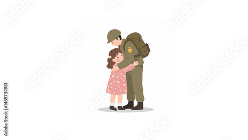 Little girl hugging soldier in military uniform
