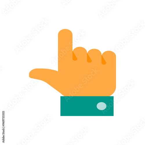 Illustration of a hand with orange skin tone and a green cuff pointing upwards with the index finger up