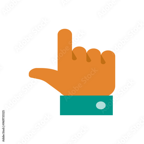 An orange hand with the index finger pointing up and a green shirt cuff with a white button is seen here