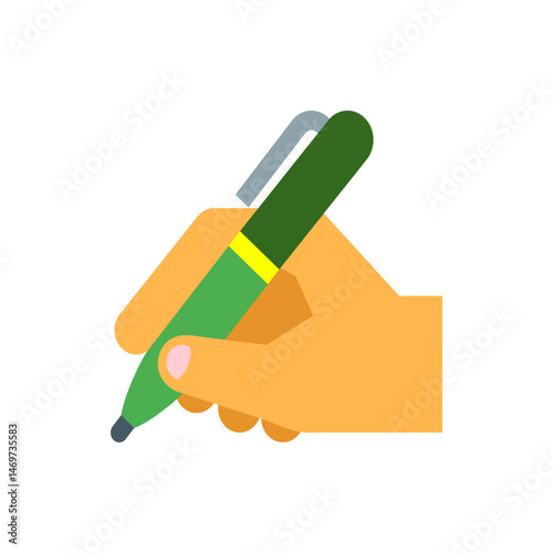 A hand holding a green pen with a yellow band and a gray clip ready to write or draw on a surface area