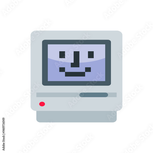 Illustration of a vintage computer with a smiling face on the screen and a red light indicator icon