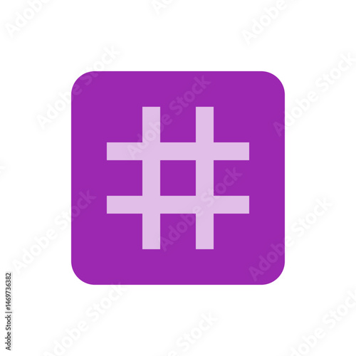 Purple square with rounded corners containing a light purple hashtag symbol in the center of the square shape