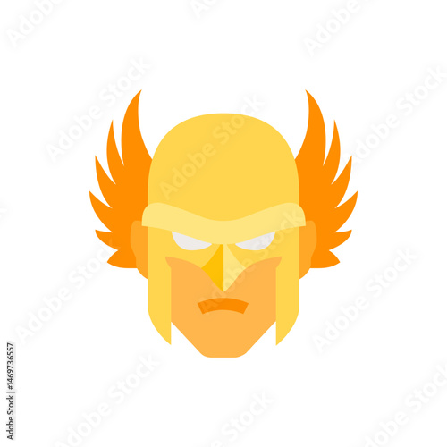Illustration of a golden superhero with orange wings on the sides of his head and a stern expression
