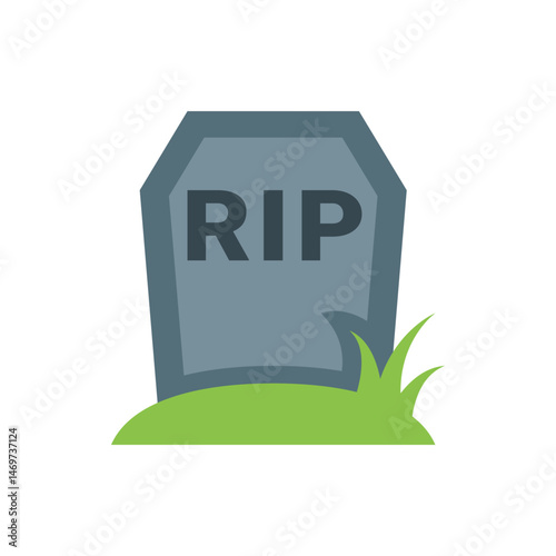 Illustration of a gray tombstone with rip written on it standing on a green patch of grass in cartoon style