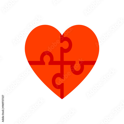 An orange heart puzzle with four pieces connected by interlocking shapes on a white background view