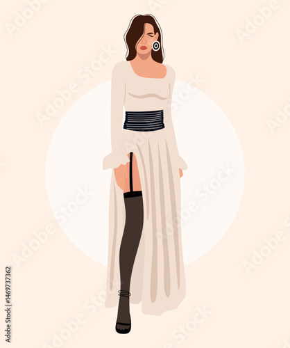 Illustration of a fashionista girl on a light pink background.