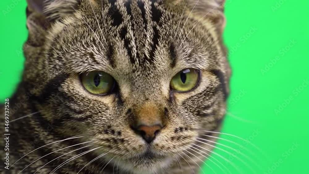 Portrait of Striped Tabby Cat with Green Eyes Isolated by Green Screen Background