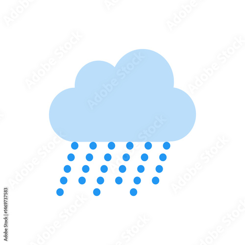 A light blue cloud with blue raindrops falling down on a white background in a simple vector design