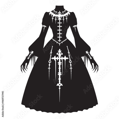 Timeless gothic dress silhouette with Victorian-inspired elements – Gothic dress vector – Gothic dress illustration – ladies dress silhouette – silhouette of gothic dress


