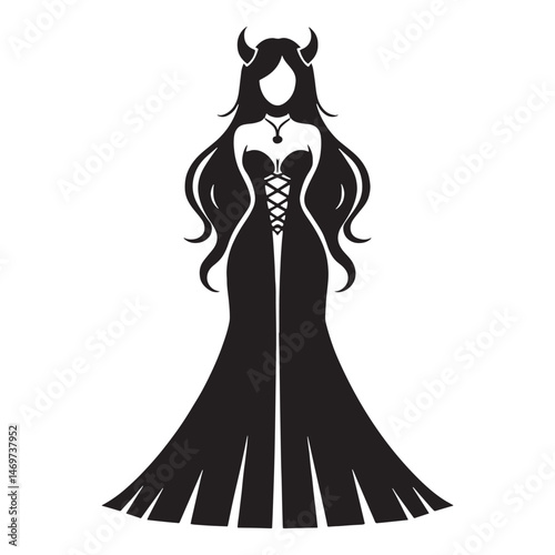 Bold gothic dress silhouette with corset-style bodice – Gothic dress vector – Gothic dress illustration – ladies dress silhouette – silhouette of gothic dress

