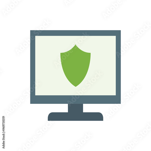 Green shield displayed on a computer monitor screen symbolizing security and protection online concept design