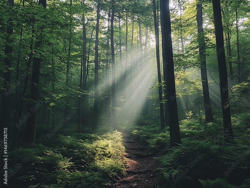 Obraz premium Sunlight filtering through a dense forest