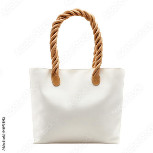 White tote bag with twisted handles isolated on transparent background