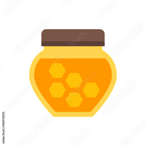 Illustration of a honey jar filled with golden honey and a brown lid showing honeycomb pattern inside jar