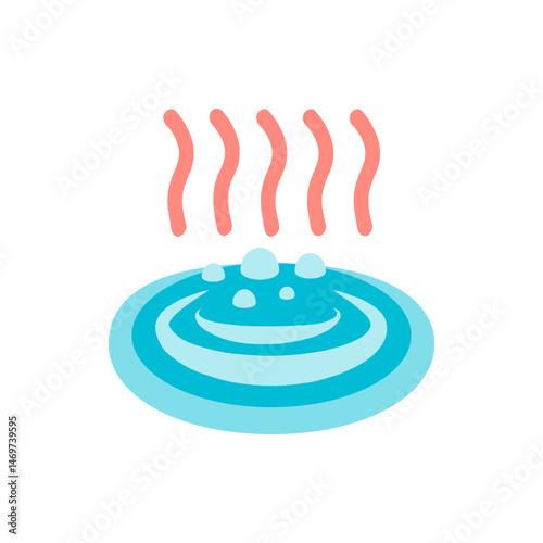 Illustration of a blue onsen with steam rising from the surface in a simple cartoon style design