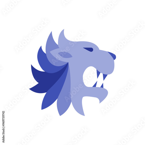 Illustration of a stylized lion head with a blue mane and sharp teeth on a white background design art image