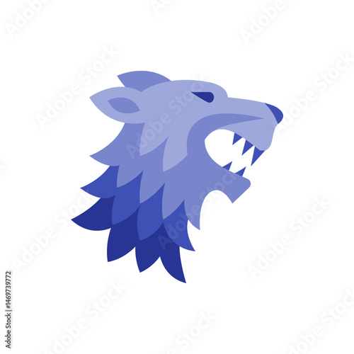 Stylized wolf head with open mouth and sharp teeth in shades of blue and light purple illustration