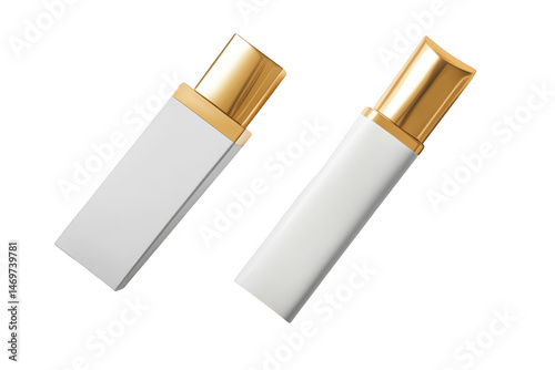 Two white lipstick tubes with gold caps isolated on transparent background