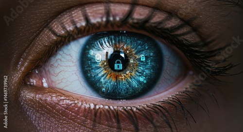 Close up of a woman eye with digital security icons overlaid on the iris, symbolizing cybersecurity, biometric identification, and data protection concepts.