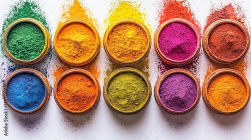 Vibrant pigments displayed in wooden jars offering a spectrum of shades