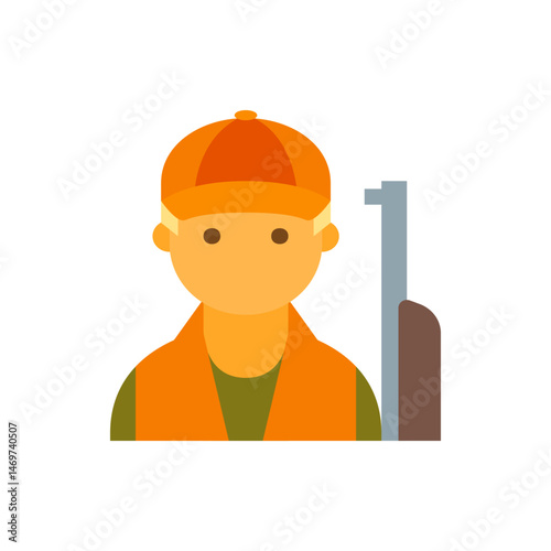 Illustration of a hunter with orange cap and vest standing next to a rifle on a white background plain view