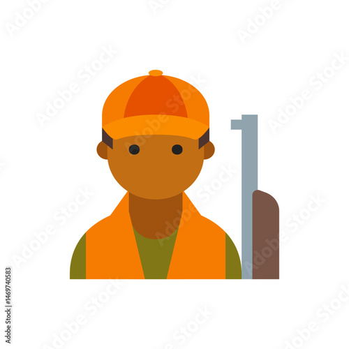 Illustration of a hunter wearing an orange cap and vest with a rifle standing next to the person