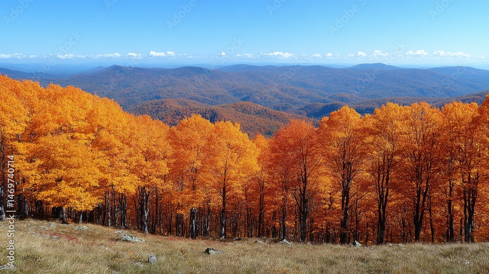 Fototapeta premium Autumnal mountain vista; vibrant foliage, panoramic view, travel poster