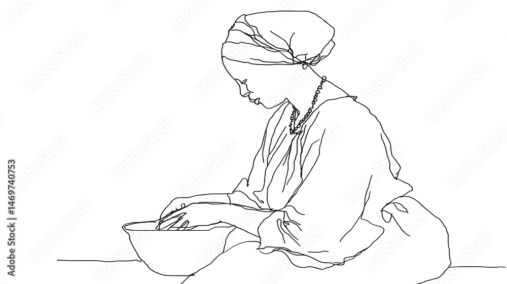 Fototapeta premium A woman is sitting at a table with a bowl in front of her