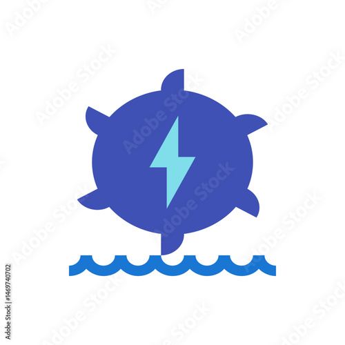 Illustration of a blue water wheel with lightning bolt, representing hydroelectric power generation system
