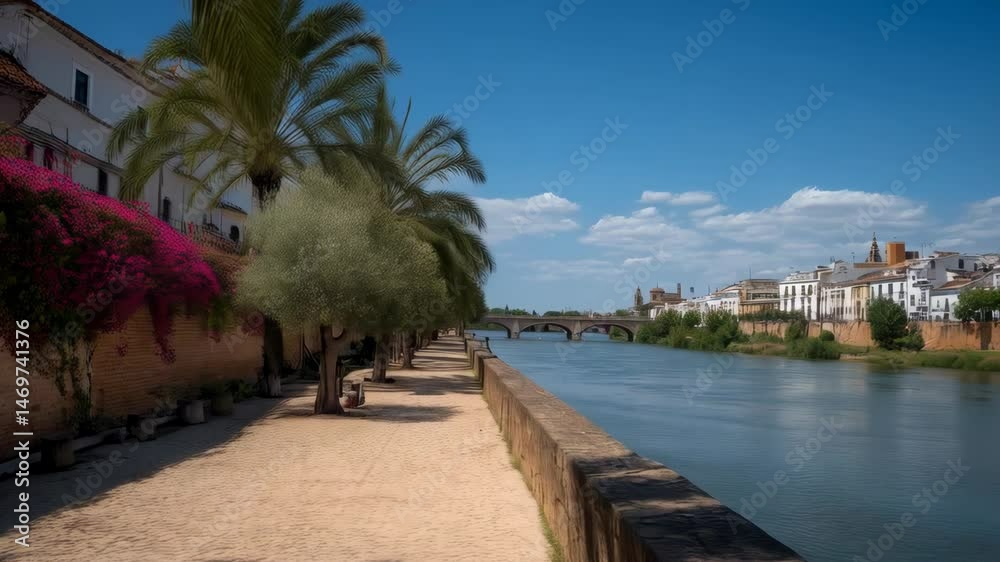 Scenic riverside view of a European city with bridge, white buildings, palm trees and sunny blue sky in the background on a summer day Scenic riverside view of a European city with bridge, white buildings, palm trees and sunny blue sky in the background on a summer day
