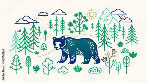 A stylized bear stands against a forest landscape. The bear is surrounded by a coniferous or mixed forest: trees, bushes, mushrooms and grass. Suitable for children's books, environmental projects. Ch