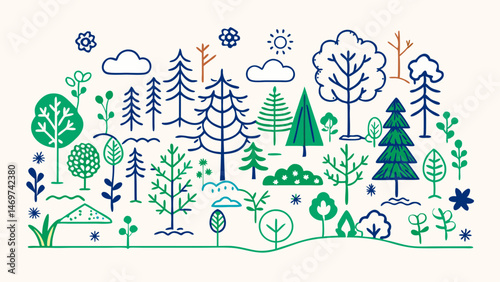 vector illustration of forest area. single line drawing. outline drawing. idea of ​​nature conservation. protection of forests from fires. forest landscape. new year illustration