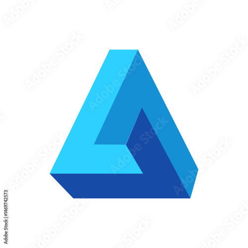 A blue impossible triangle optical illusion with perspective and shadows on a white background design element