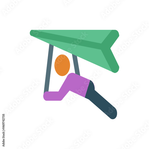 Illustration of a hang glider with green wings and a person in purple and dark blue soaring in the sky