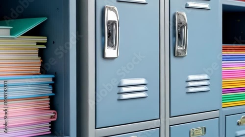 Stack of colorful notebooks and binders inside blue metal lockers in school hallway storage area, education supplies, back to school organization concept.