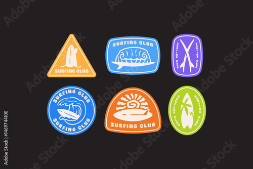 100525-02surfing board, wave, surf board crossed, sun, palm tree paradise retro badge logo vector design collection set for surfer, surfing, adventure, outdoor, swimmer and diver