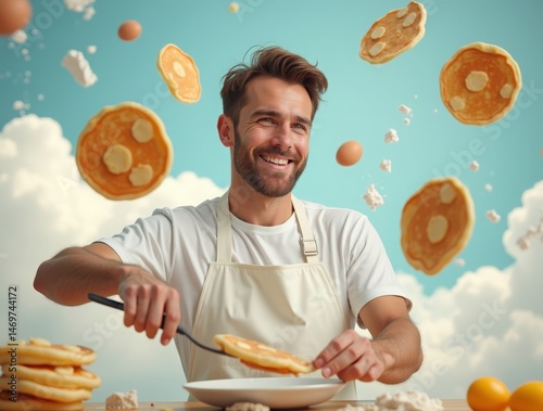 A man cooking pancakes in zero gravity, with ingredients floating around him