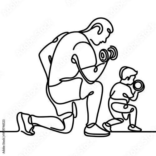 Dad and son doing dumbbell exercises, vector, black line drawing, minimalistic, single line, simple line, isolated, transparent background 